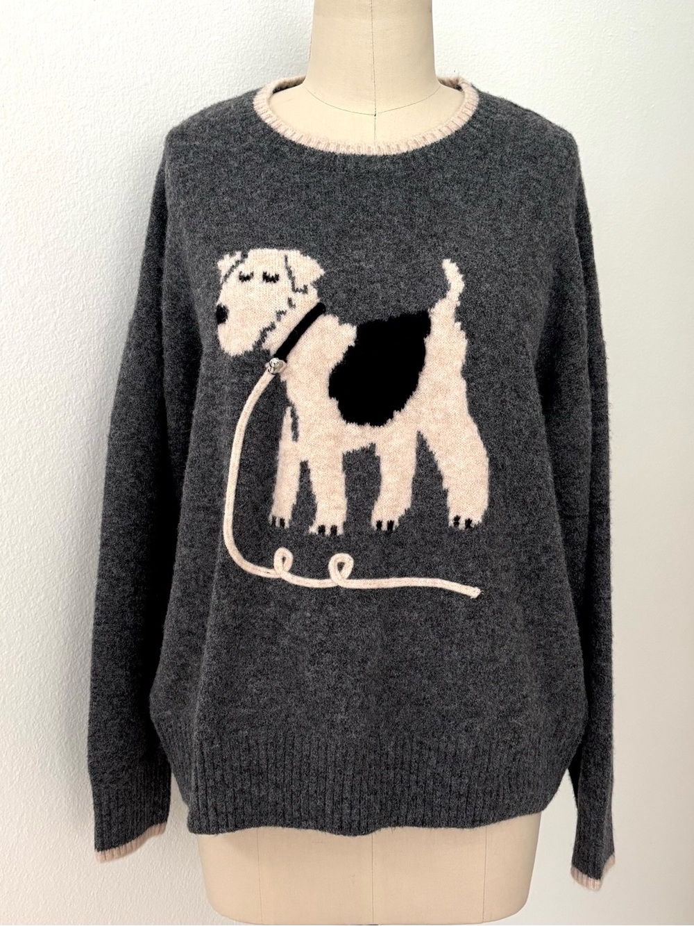 Calligraphie Gray Wire Fox Terrier Dog Sweater NWT Intarsia Knit Crewneck XL